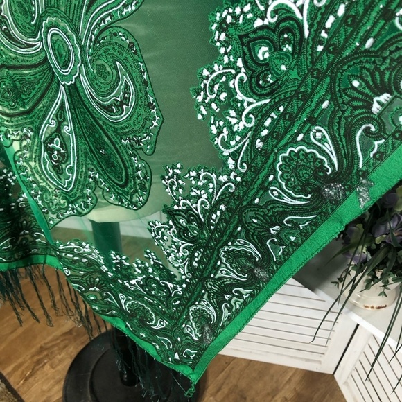 Vintage Y2K Sheer Lace Poncho Bohemian Floral Fringe Green - Picture 10 of 11